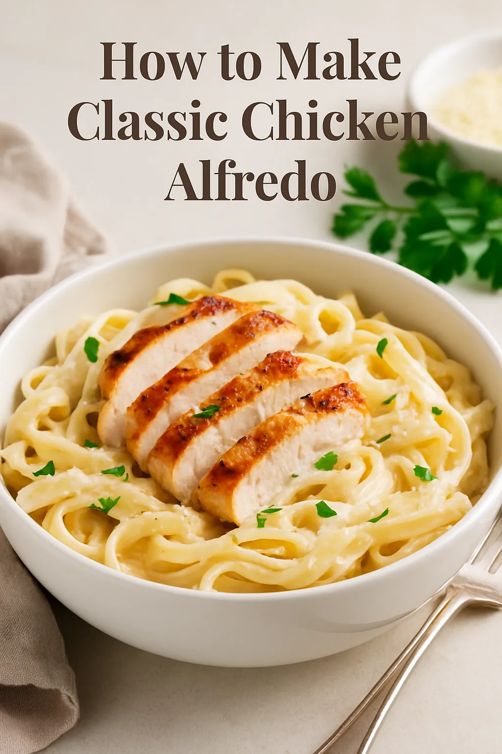 classic chicken alfredo pasta served with creamy sauce