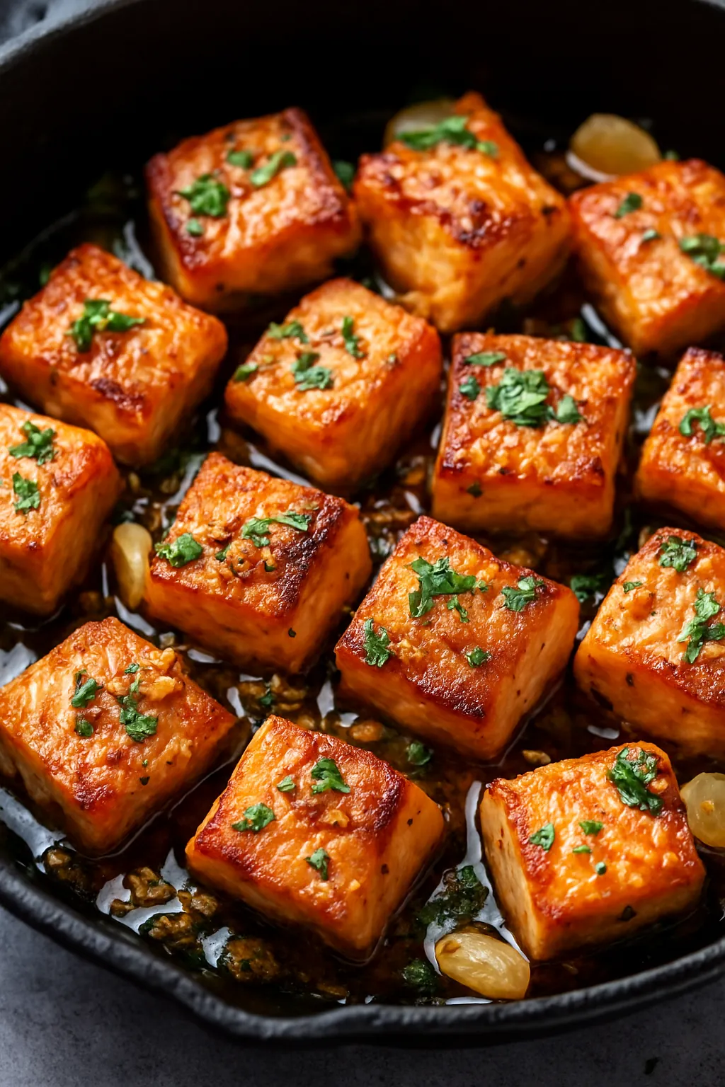 garlic butter salmon bites served hot
