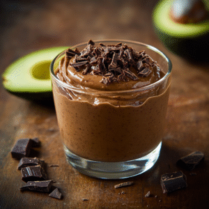 Chocolate avocado mousse in a glass topped with dark chocolate shavings