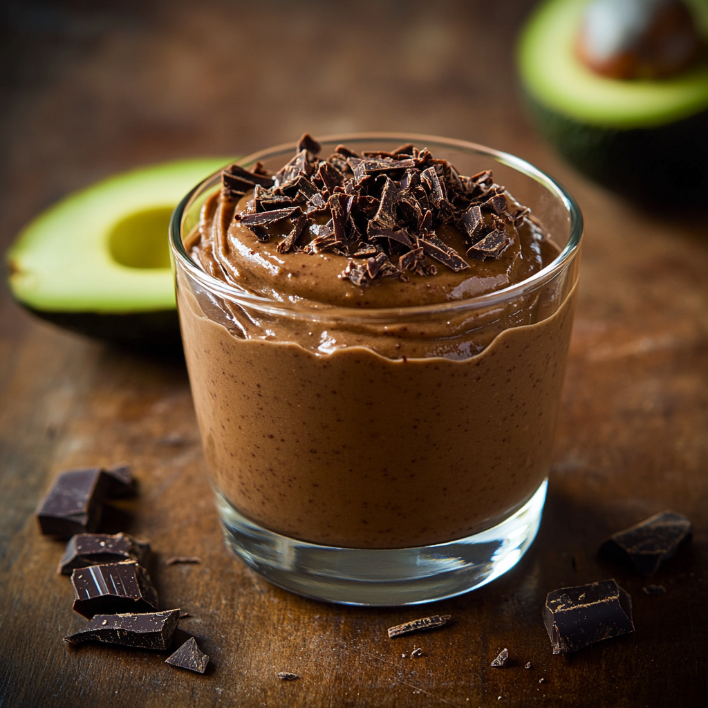 Chocolate avocado mousse in a glass topped with dark chocolate shavings