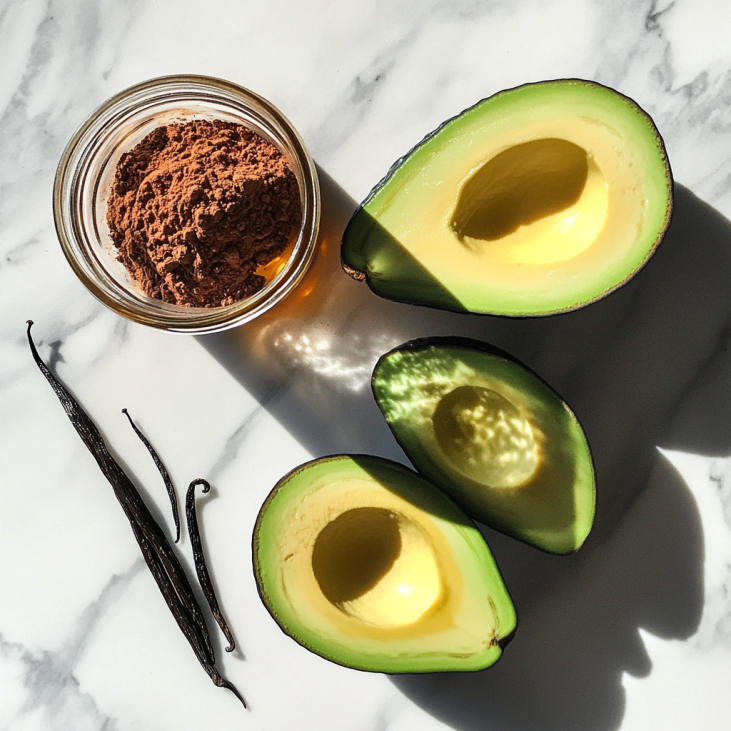 Flat lay of ingredients: avocado halves, cocoa powder, vanilla, and syrup