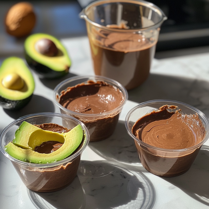 Step-by-step process of making chocolate avocado mousse in clear cups