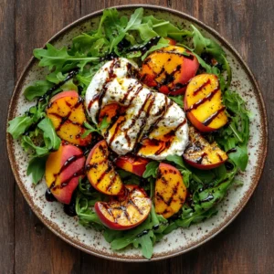 Grilled Peach Burrata Salad on a plate with balsamic glaze