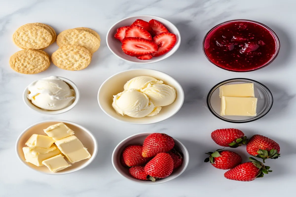 Flat lay of ingredients for strawberry bars