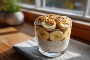 A glass jar filled with creamy overnight oats topped with sliced bananas, chia seeds, and a drizzle of almond butter – perfect for a healthy breakfast.