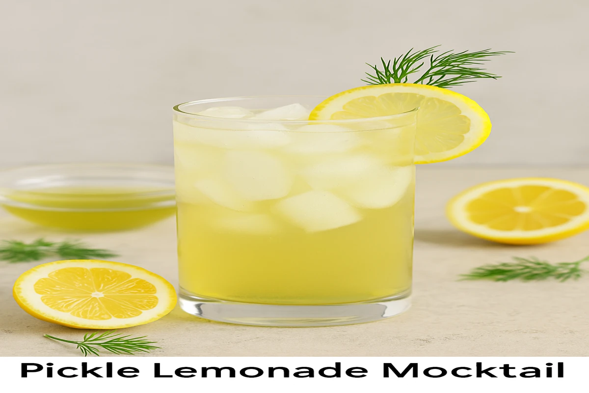 Pickle Lemonade Mocktail - Featured Image Refreshing Pickle Lemonade Mocktail served with lemon and dill in a tall glass