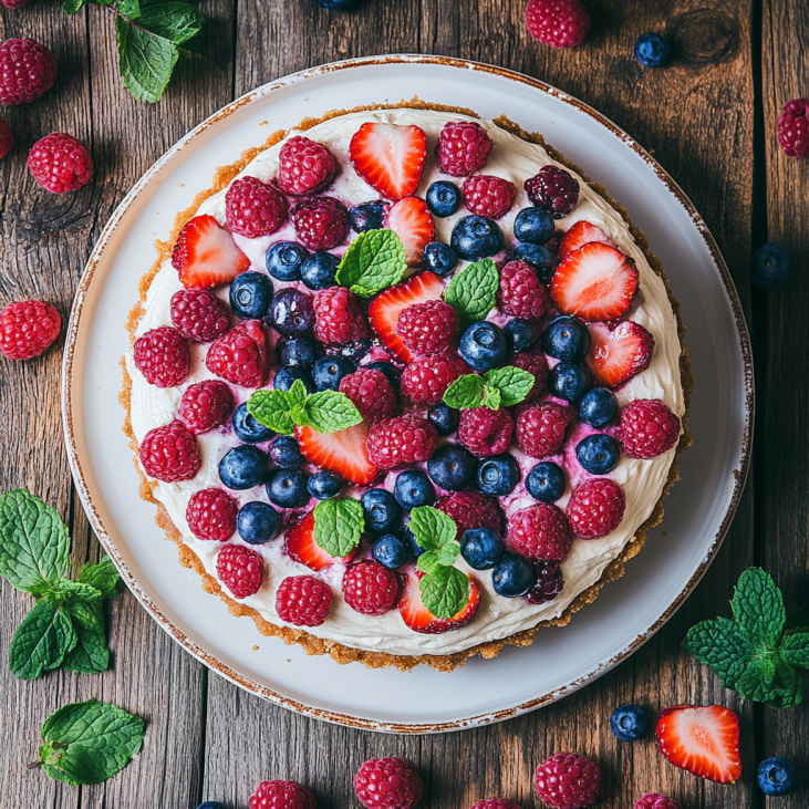 Refreshing Summer Berry Cheesecake on a plate with berry glaze