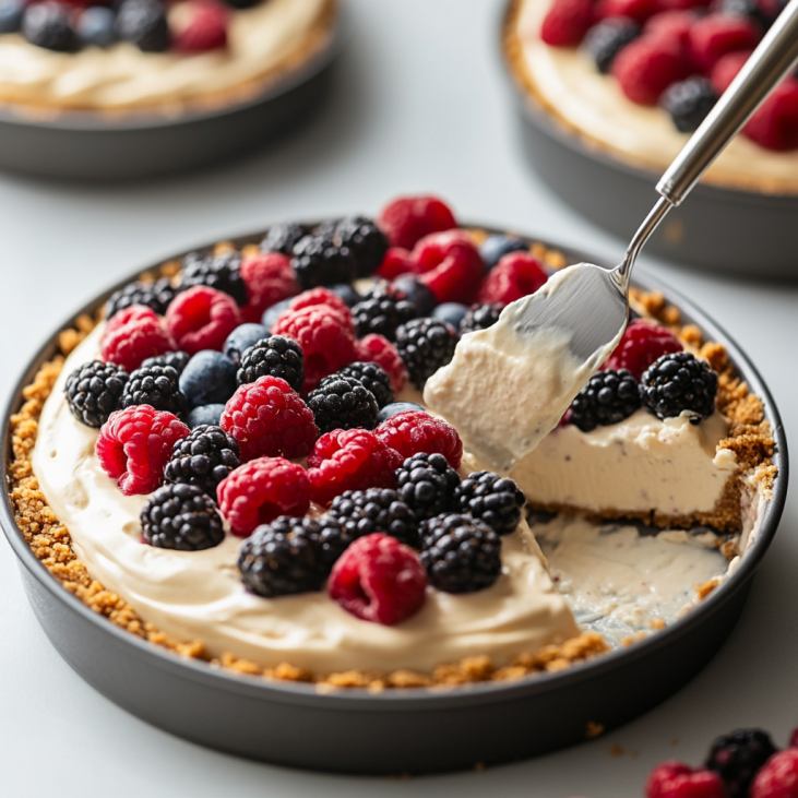 Preparation of Refreshing Summer Berry Cheesecake showing grilling and plating steps