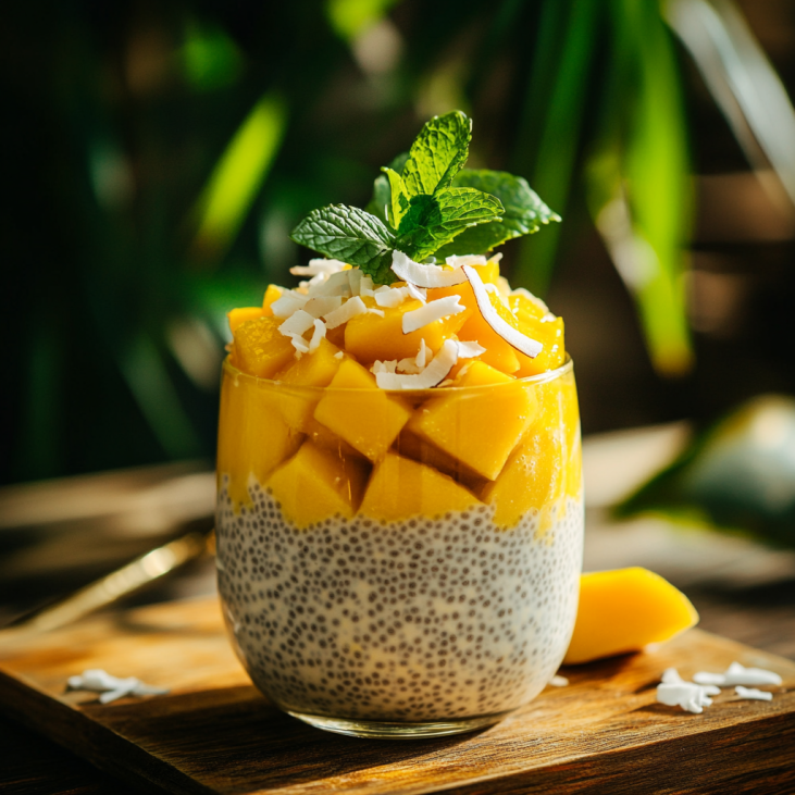 Creamy chia pudding layered with mango and topped with mint and coconut flakes