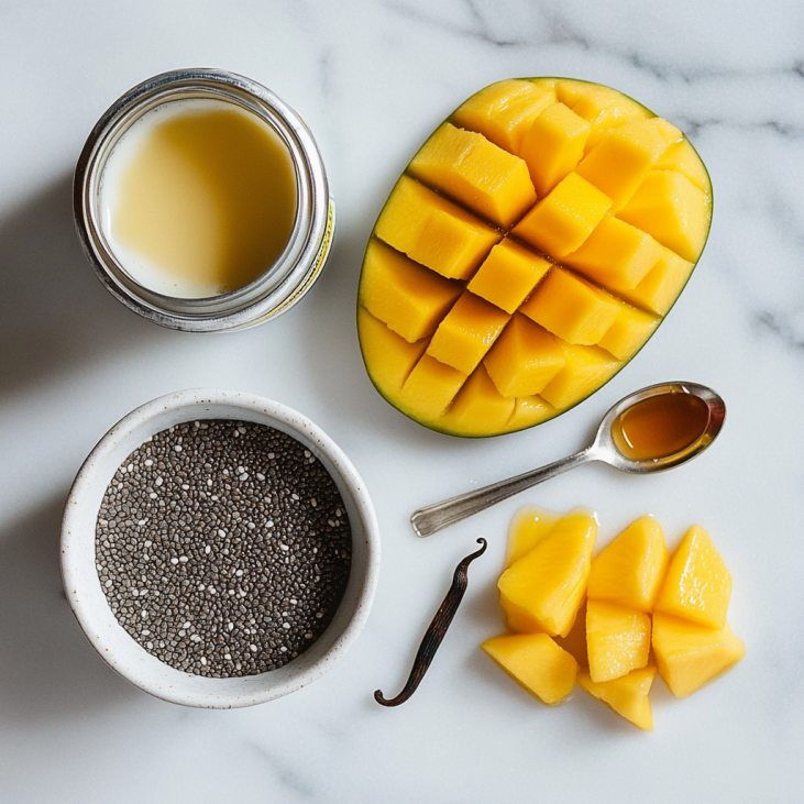 Ingredients for chia pudding including coconut milk, mango, chia seeds, vanilla and honey