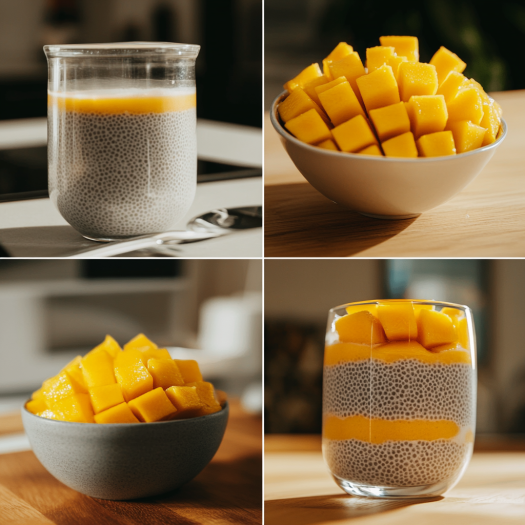 Step-by-step preparation of coconut chia pudding and layering with mango